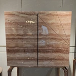 Warm Beige Stone-Pattern Double-Door Wine Cabinet with Dark Wood Interior, Built-In Drawers and Sculptural Metal Legs